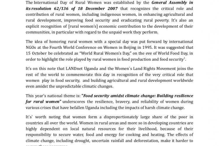 Statement on the International Day of Rural Women 2021